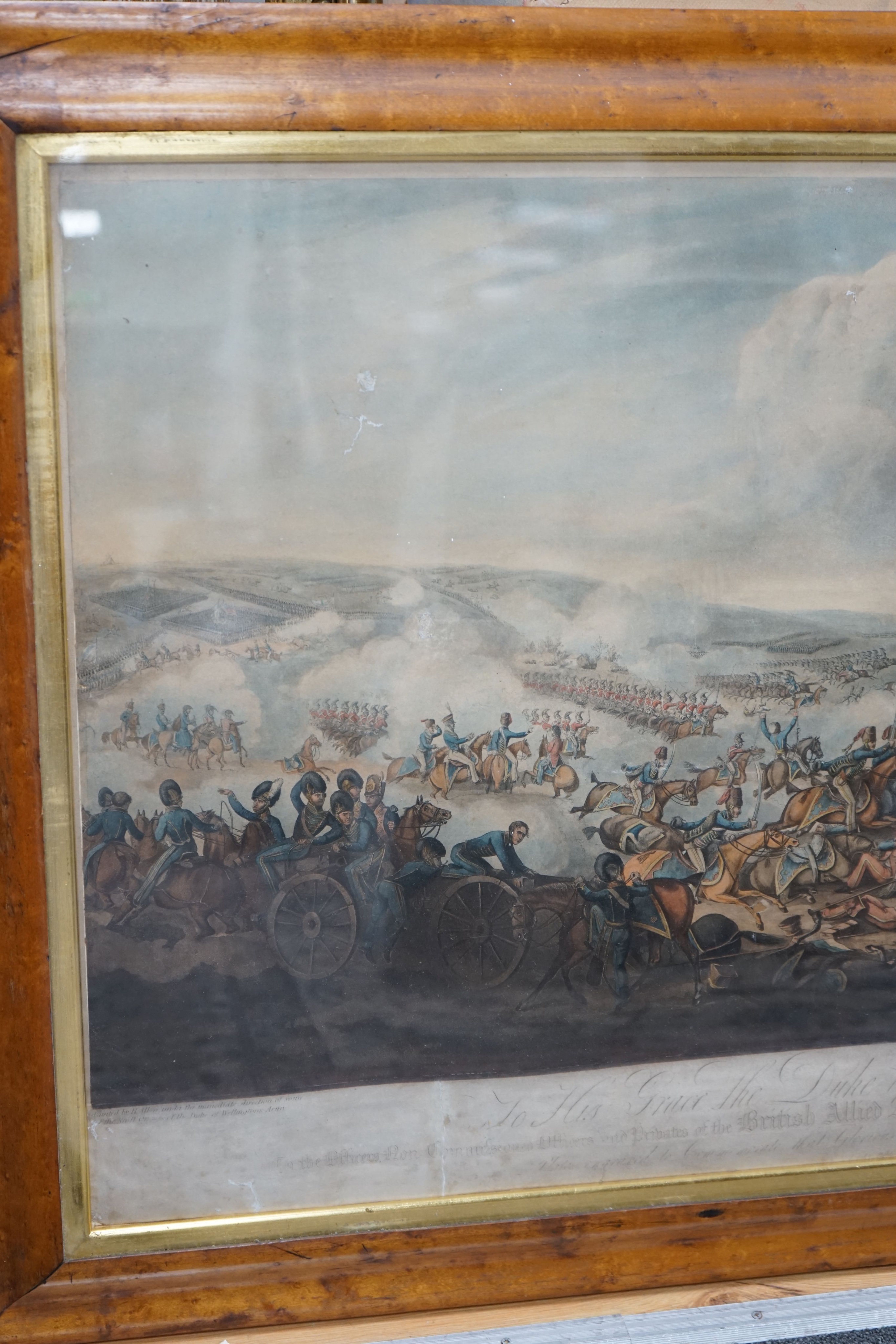 Cooper and Sutherland after Henry Allon, hand coloured aquatint, 'The Battle of Waterloo', published by S & J Fuller 1816, 56 x 100cm, maple framed